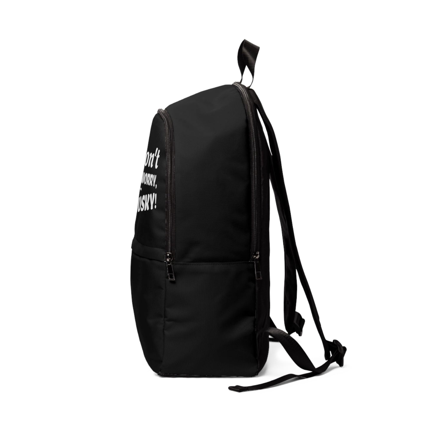 Black backpack with text on the back on a white background