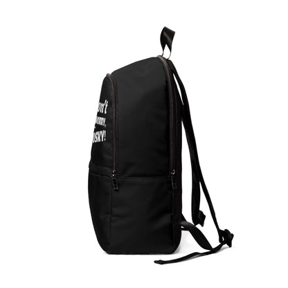 Black backpack with text on the back on a white background