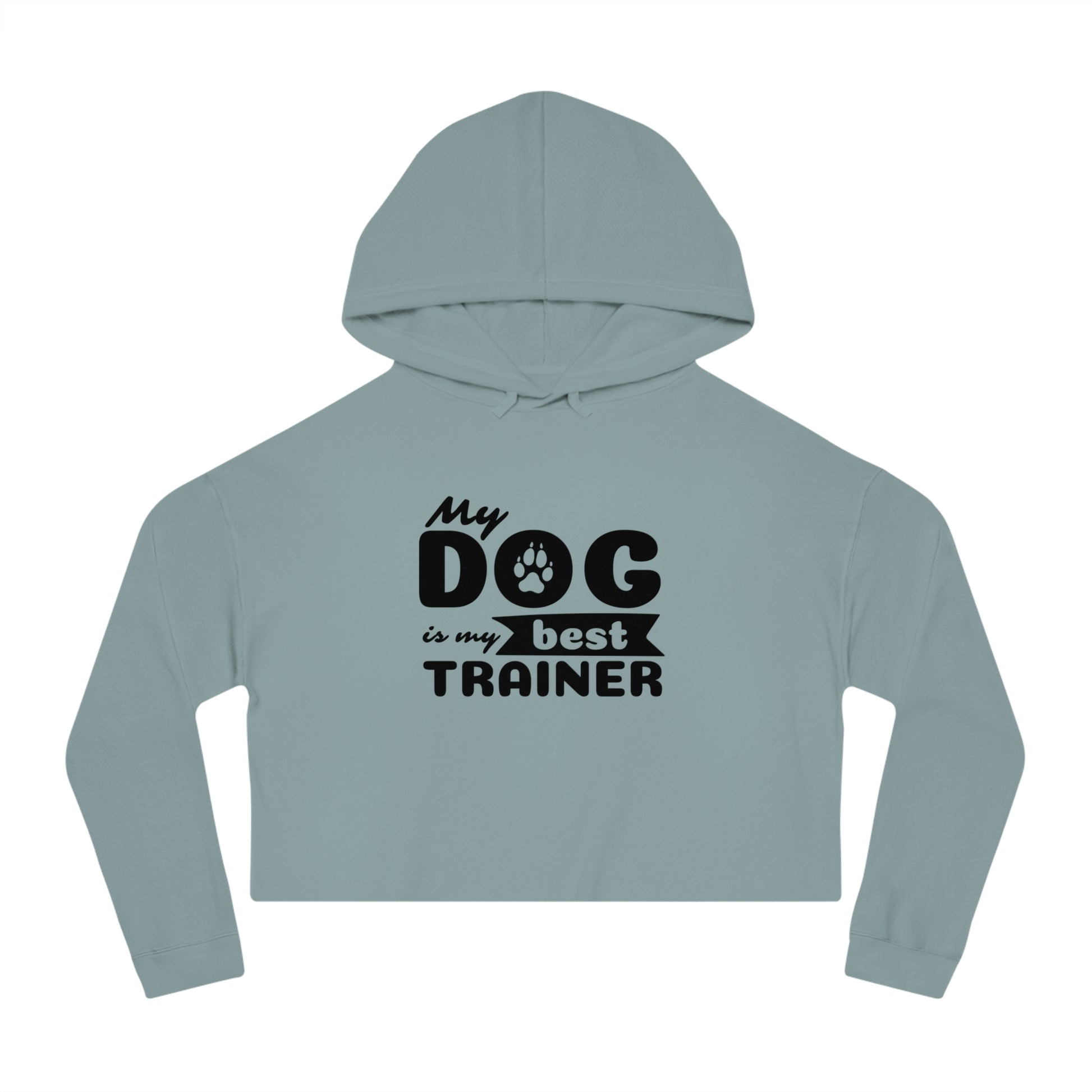 Light blue hoodie with 'My dog is my best trainer' text on a white background