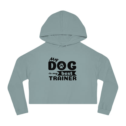 Light blue hoodie with 'My dog is my best trainer' text on a white background
