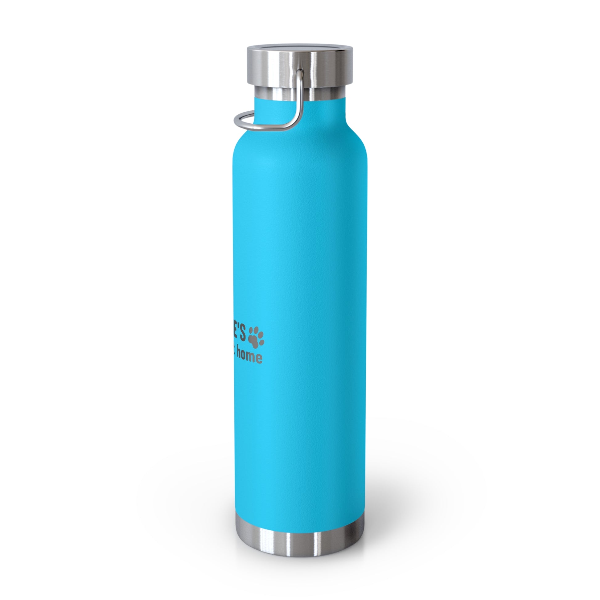 Blue water bottle with silver lid on a white background