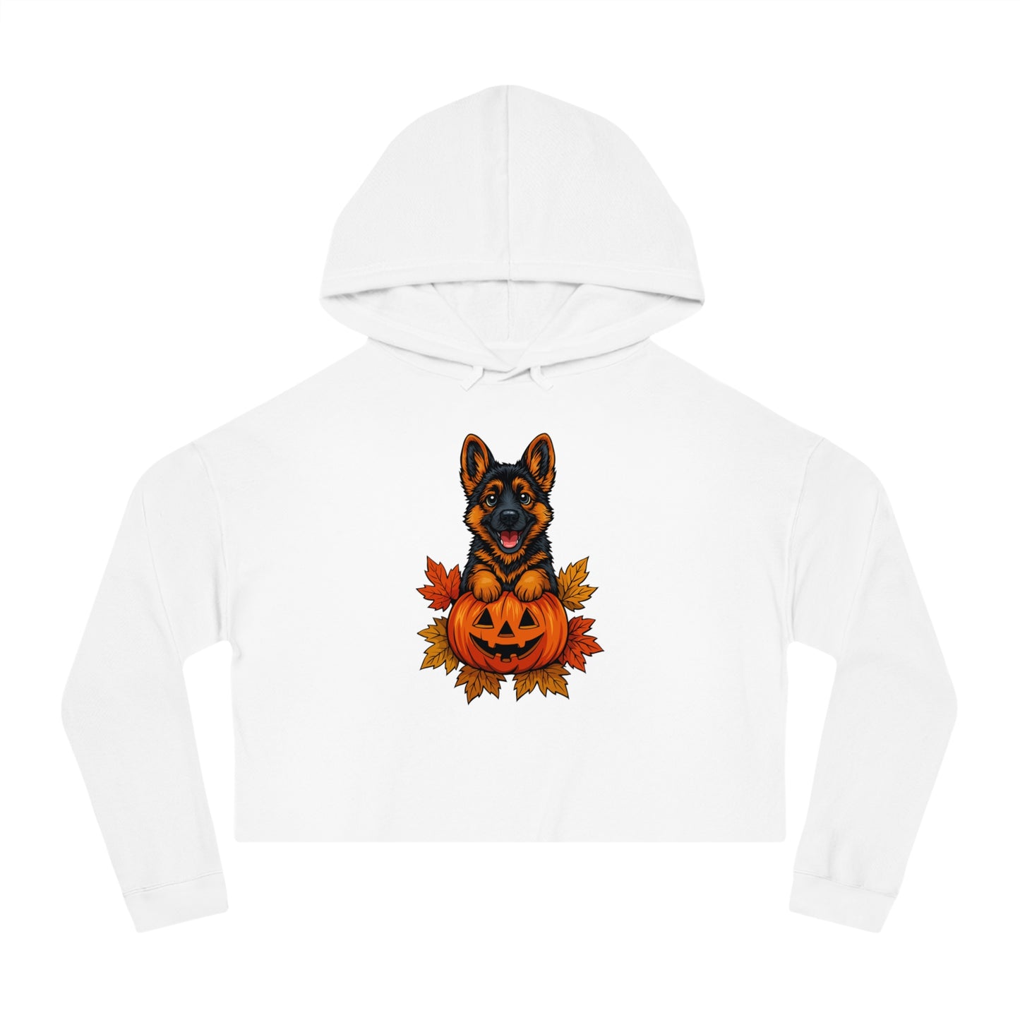 White hoodie with a German Shepherd holding a pumpkin design on a white background