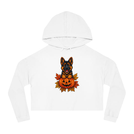 White hoodie with a German Shepherd holding a pumpkin design on a white background
