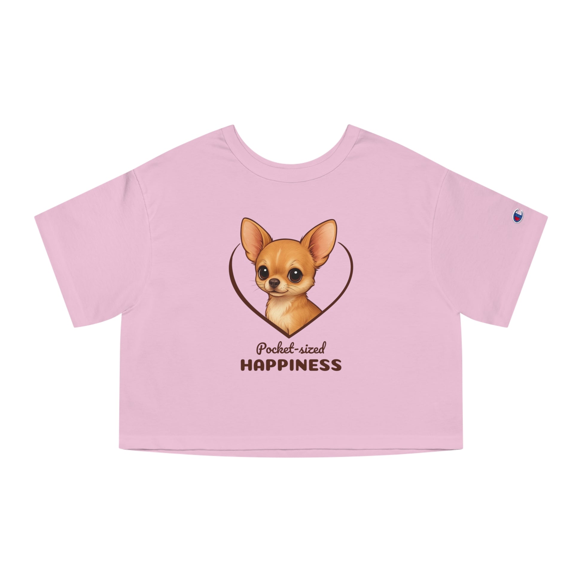 Pink crop top with a chihuahua graphic and text on a white background