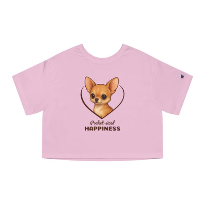Pink crop top with a chihuahua graphic and text on a white background