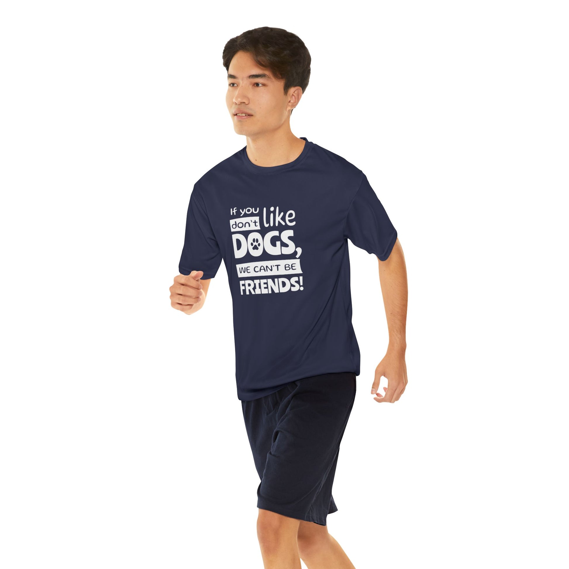 Person wearing a navy t-shirt with a humorous text design on a white background