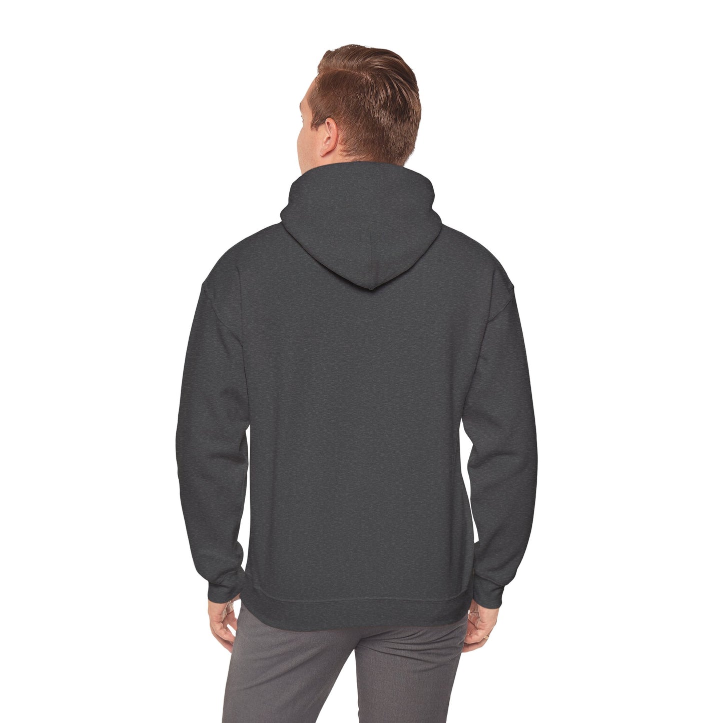 Person wearing a dark gray hoodie from behind on a white background