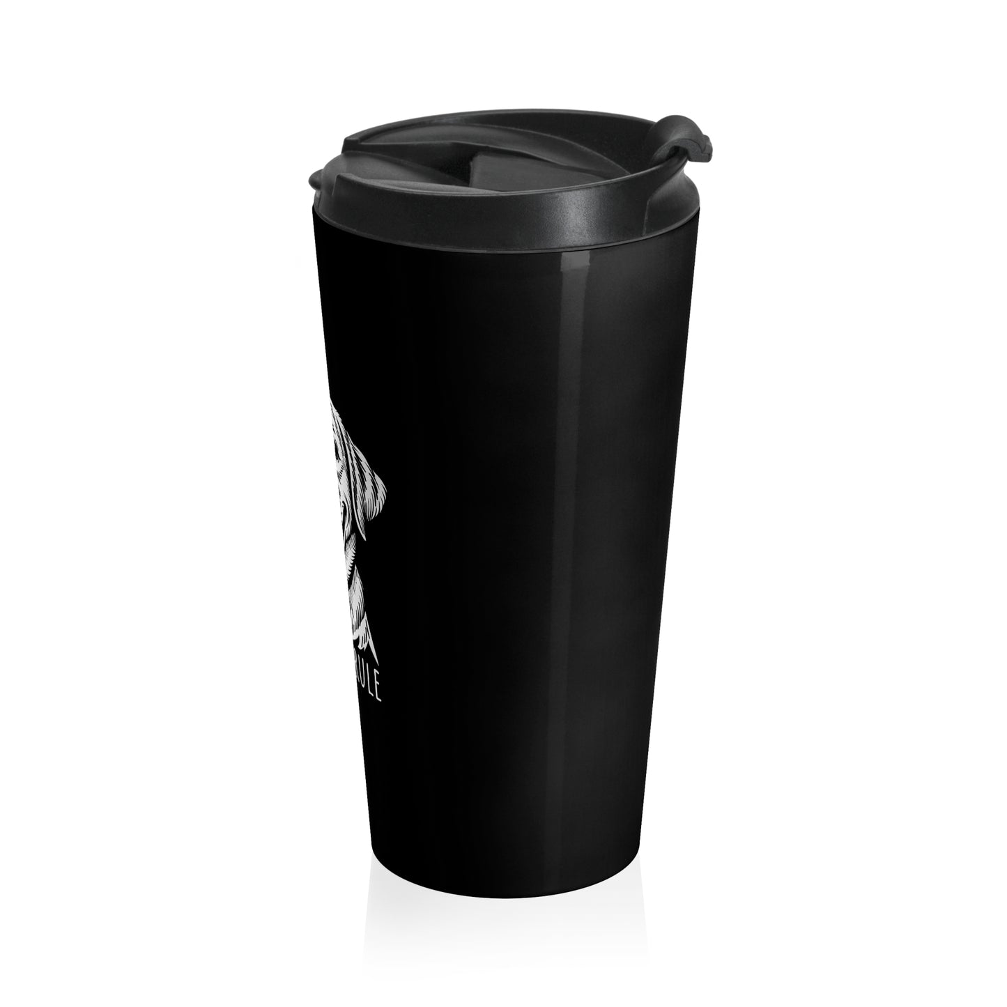 Black travel mug with a logo on a white background