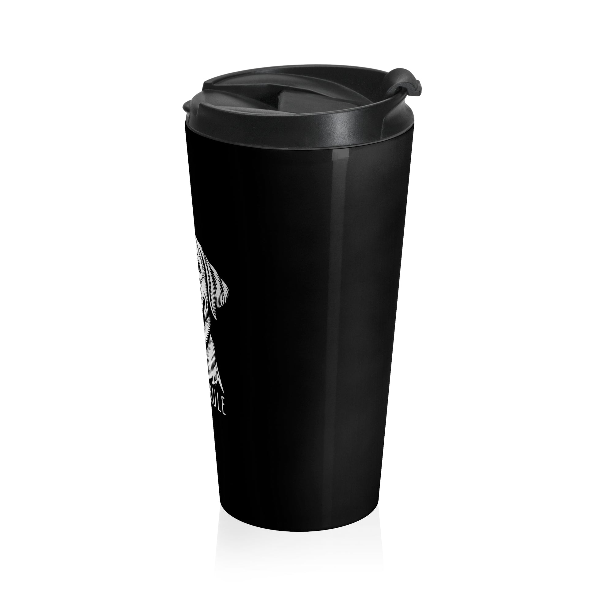 Black travel mug with a logo on a white background