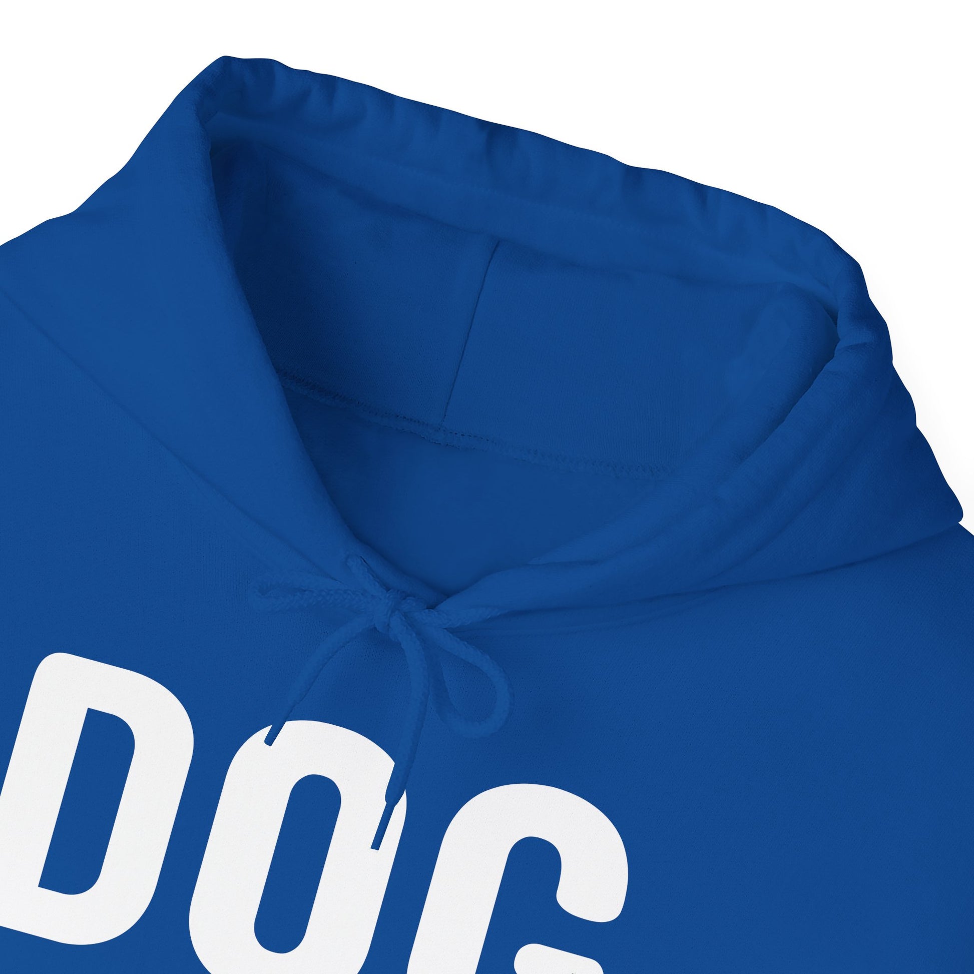Blue hoodie with white text on a white background