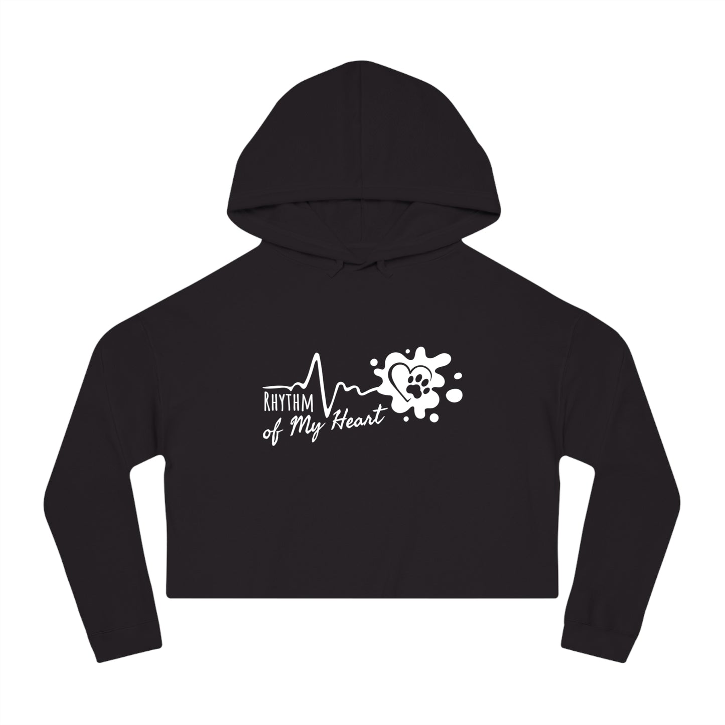 Black cropped hoodie with 'Rhythm of My Heart' design on a white background