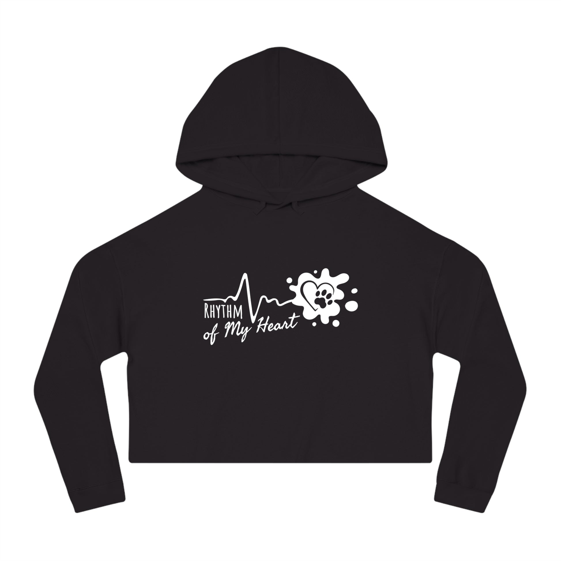 Black cropped hoodie with 'Rhythm of My Heart' design on a white background