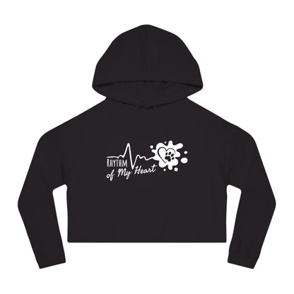 Black cropped hoodie with 'Rhythm of My Heart' design on a white background