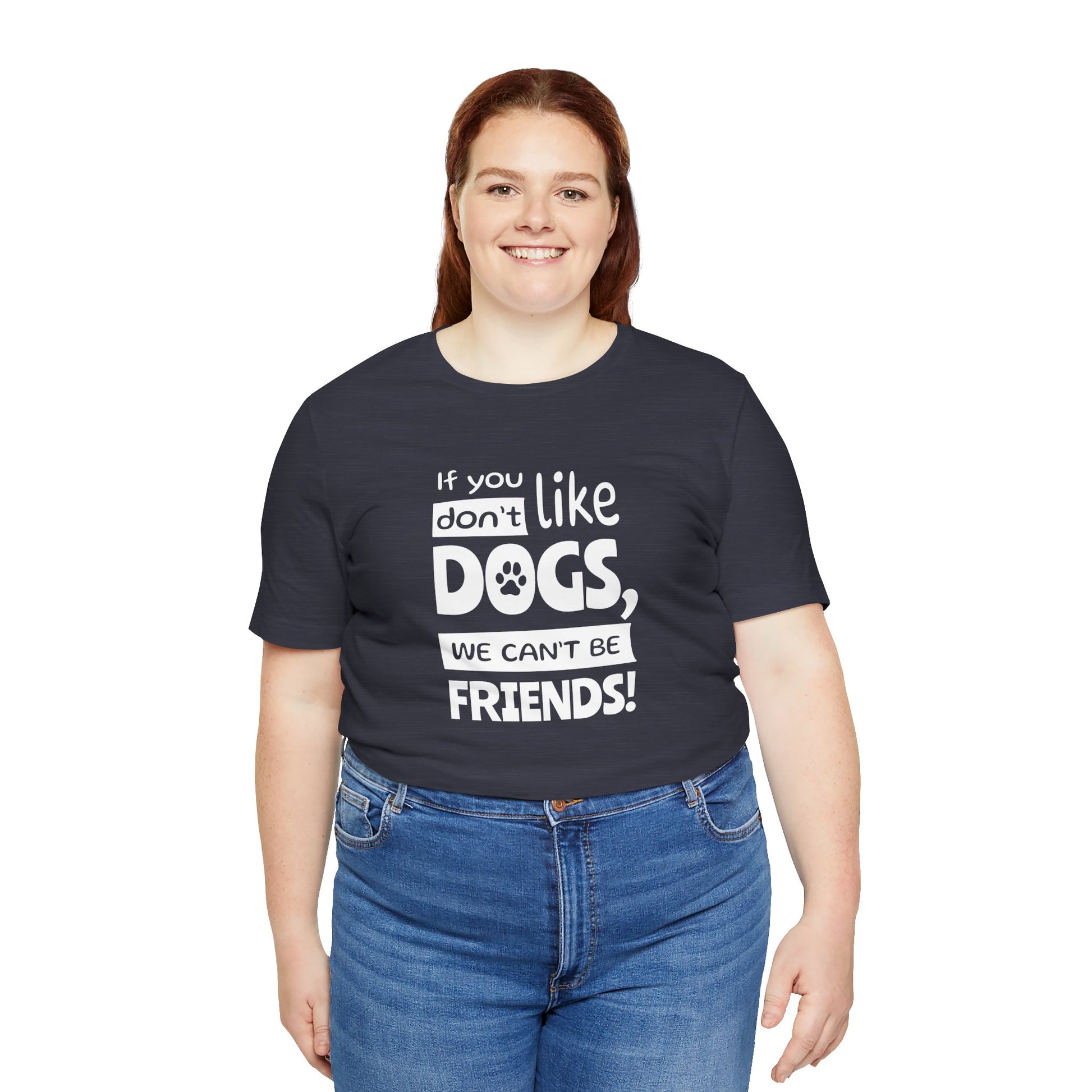 Person wearing a navy blue t-shirt with white text on a white background