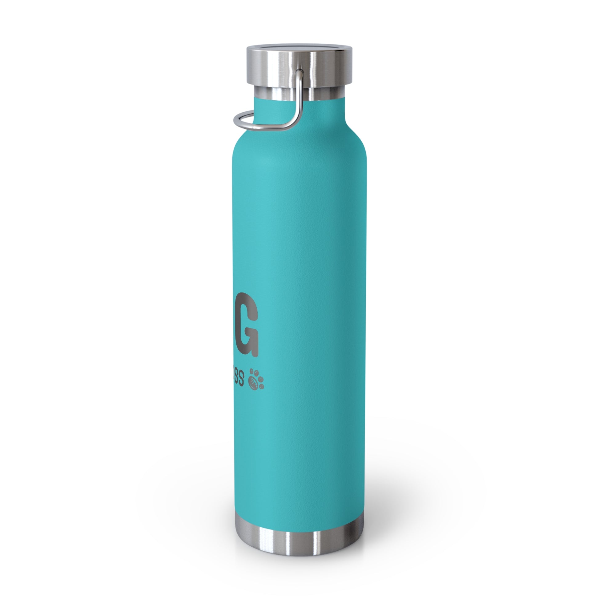 Turquoise water bottle with silver cap on a white background