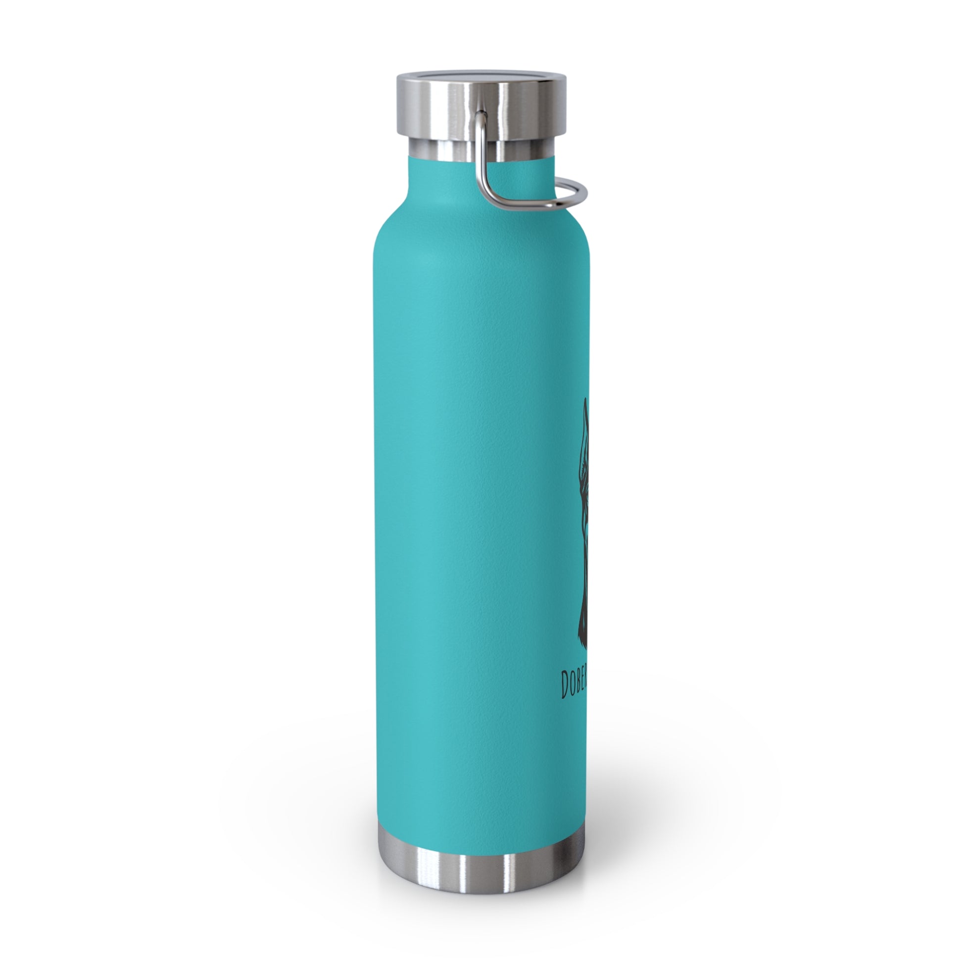 Turquoise water bottle with silver lid on a white background
