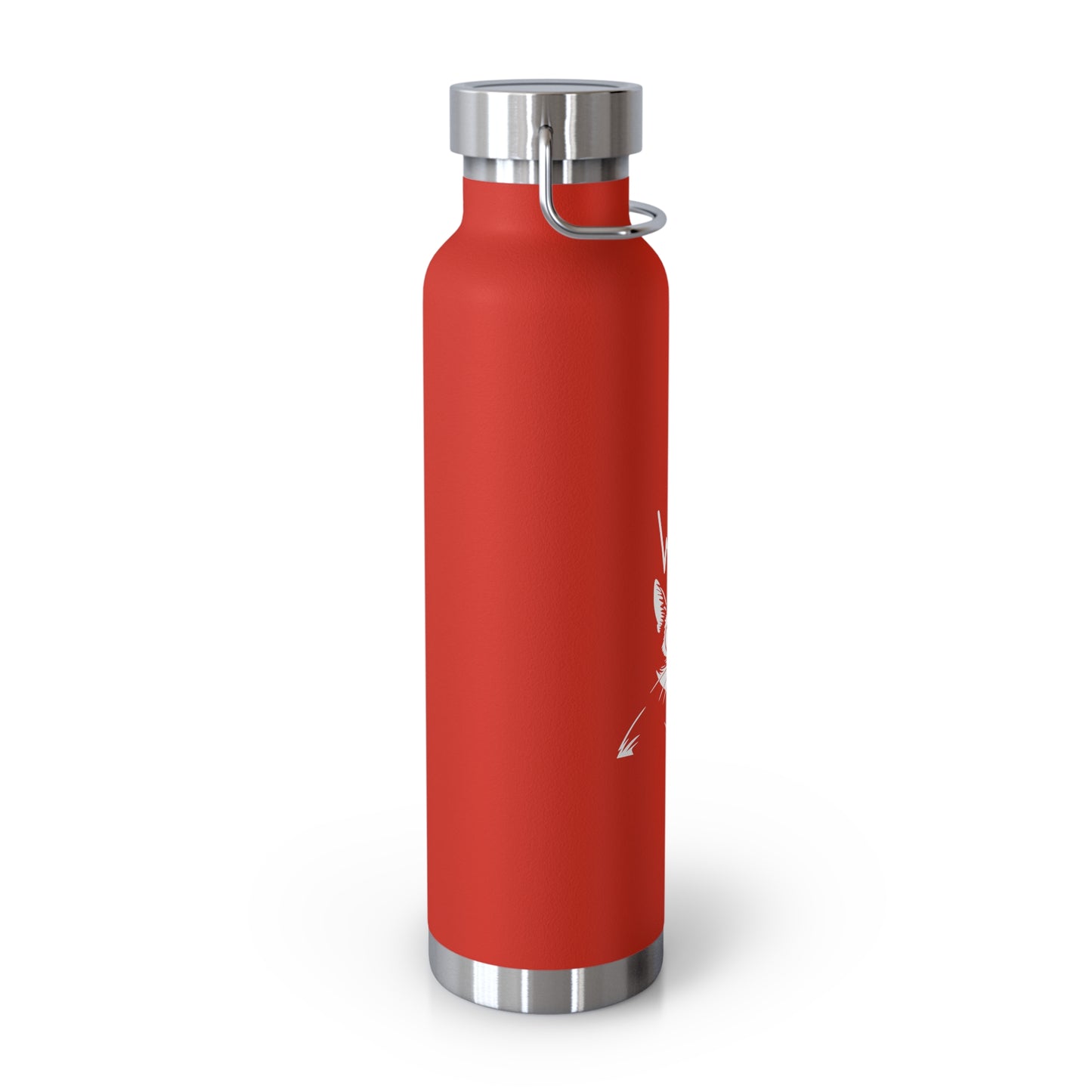 Red water bottle with silver cap and base on a white background