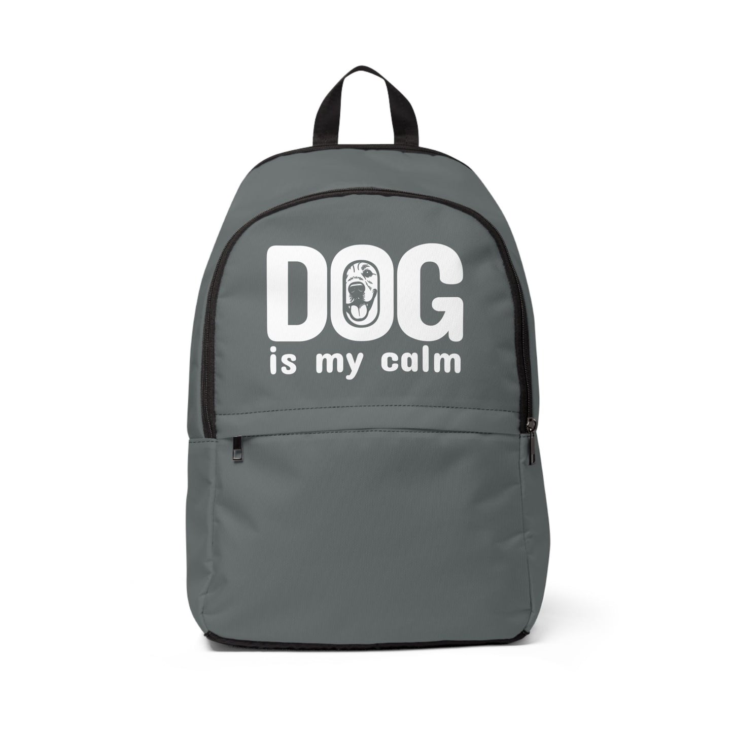 Gray backpack with 'DOG is my calm' text on a white background