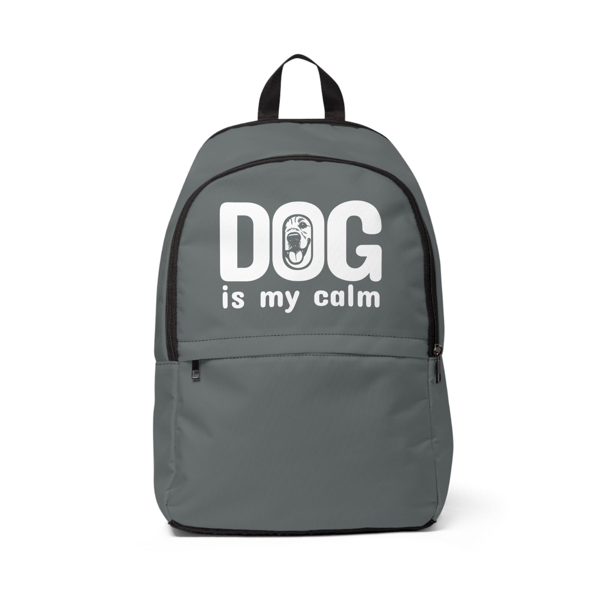 Gray backpack with 'DOG is my calm' text on a white background