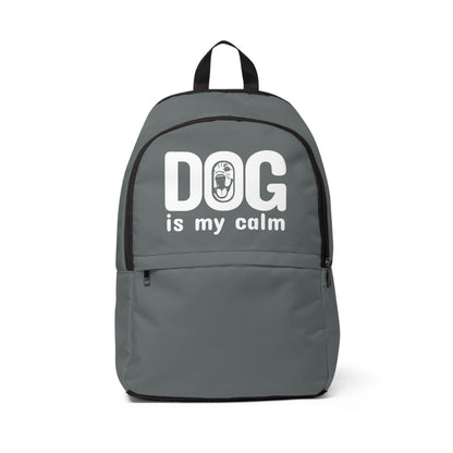 Gray backpack with 'DOG is my calm' text on a white background