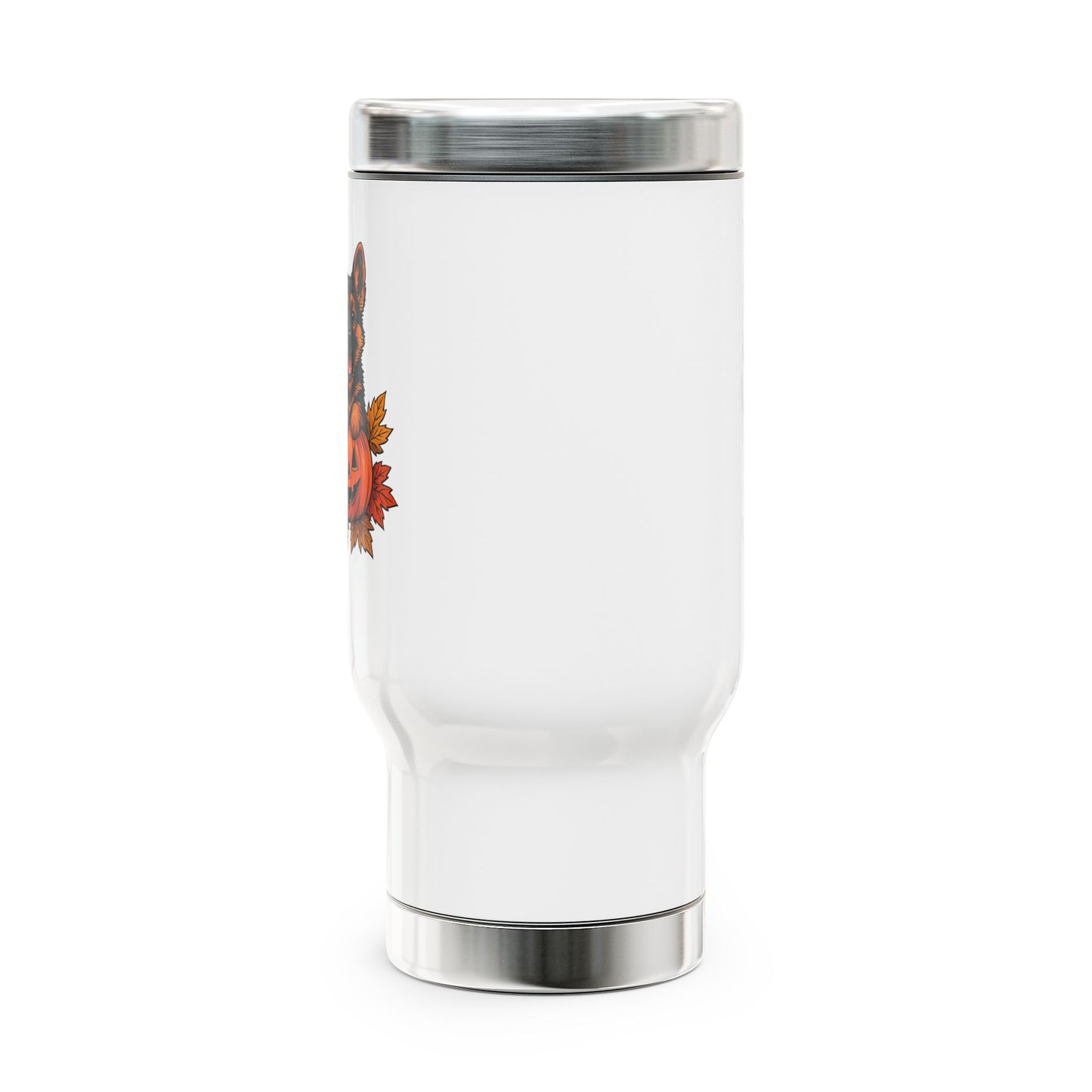 White tumbler with a colorful leaf design on a white background