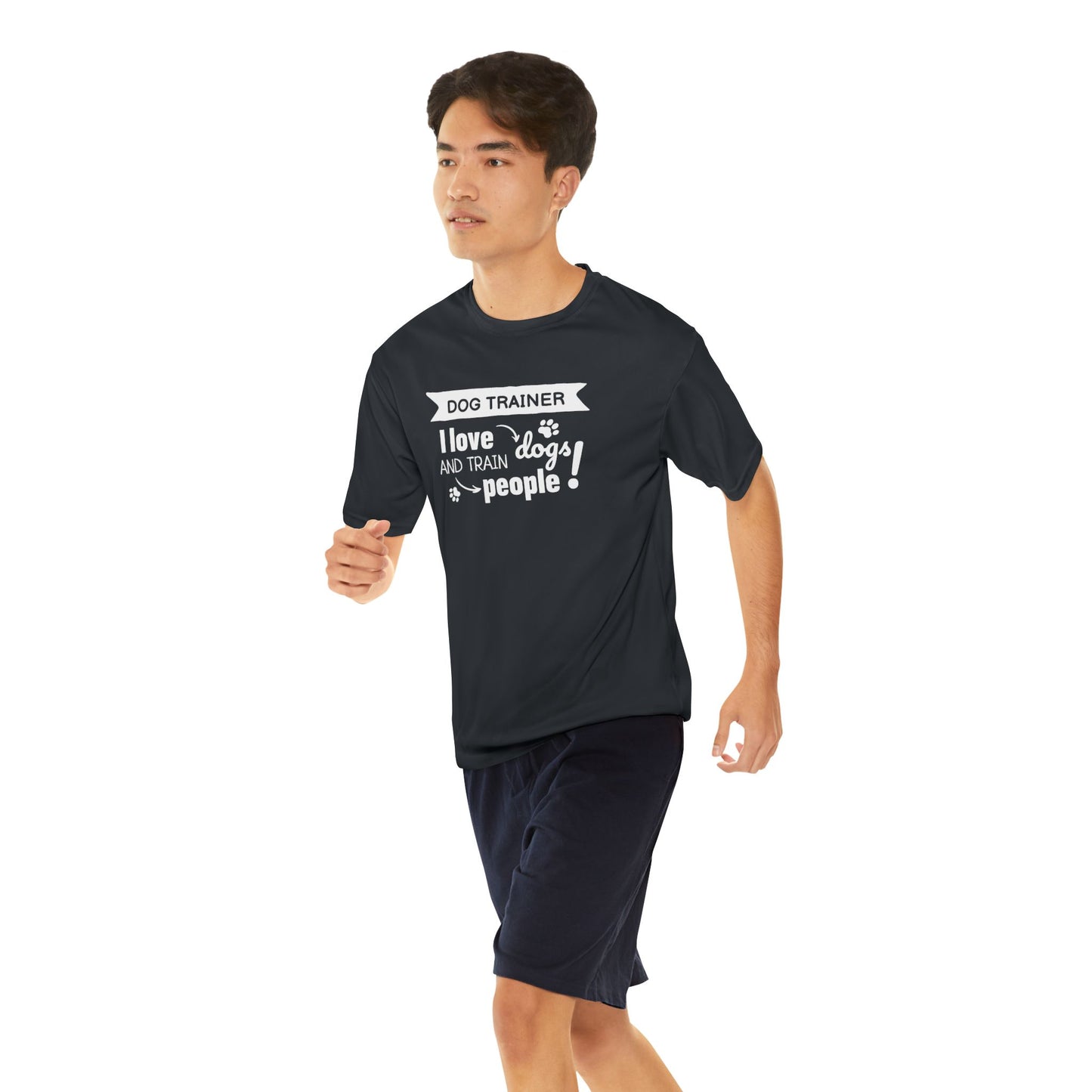 Person wearing a black t-shirt with text on a white background