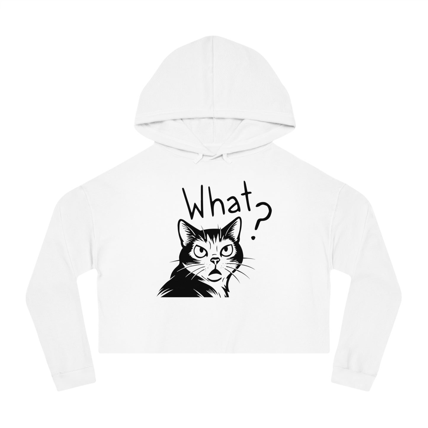 White hoodie with a cat graphic and 'What?' text on a white background