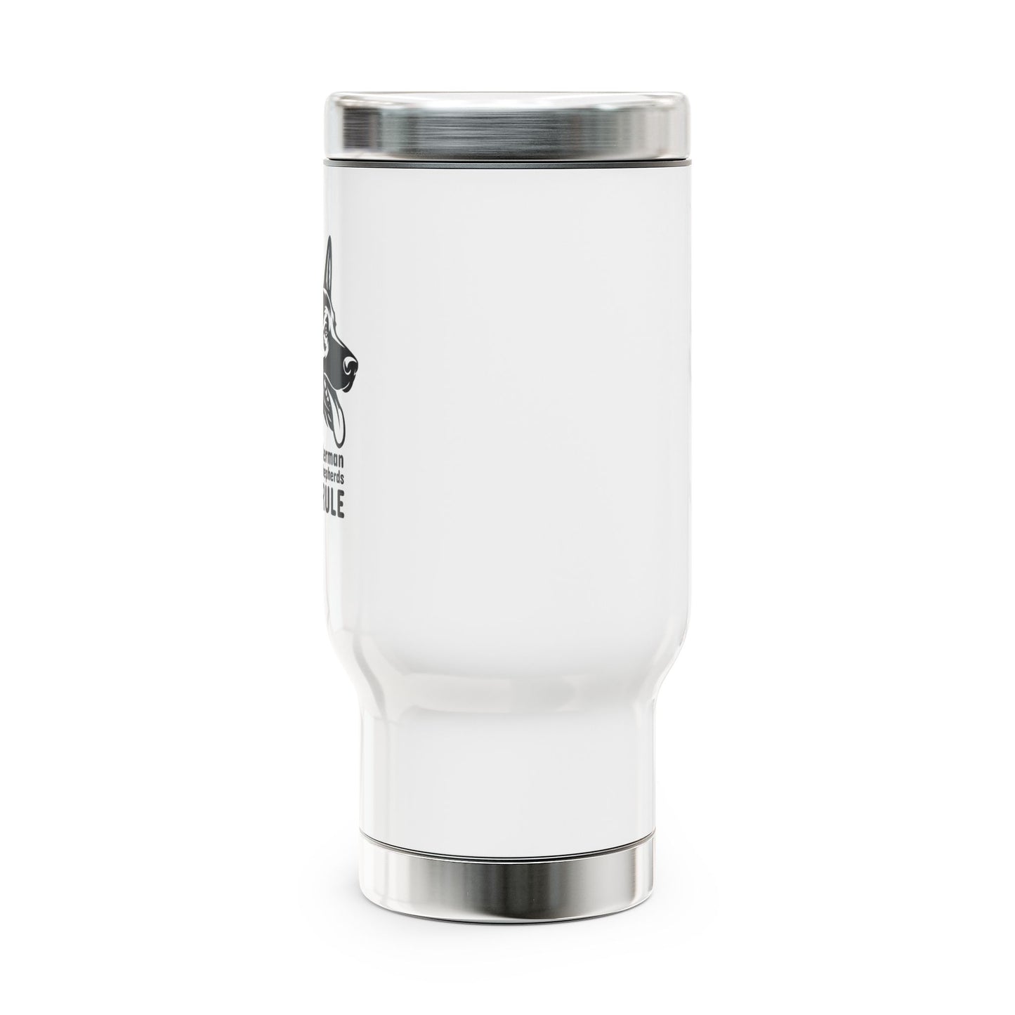 White insulated tumbler with silver lid on a white background