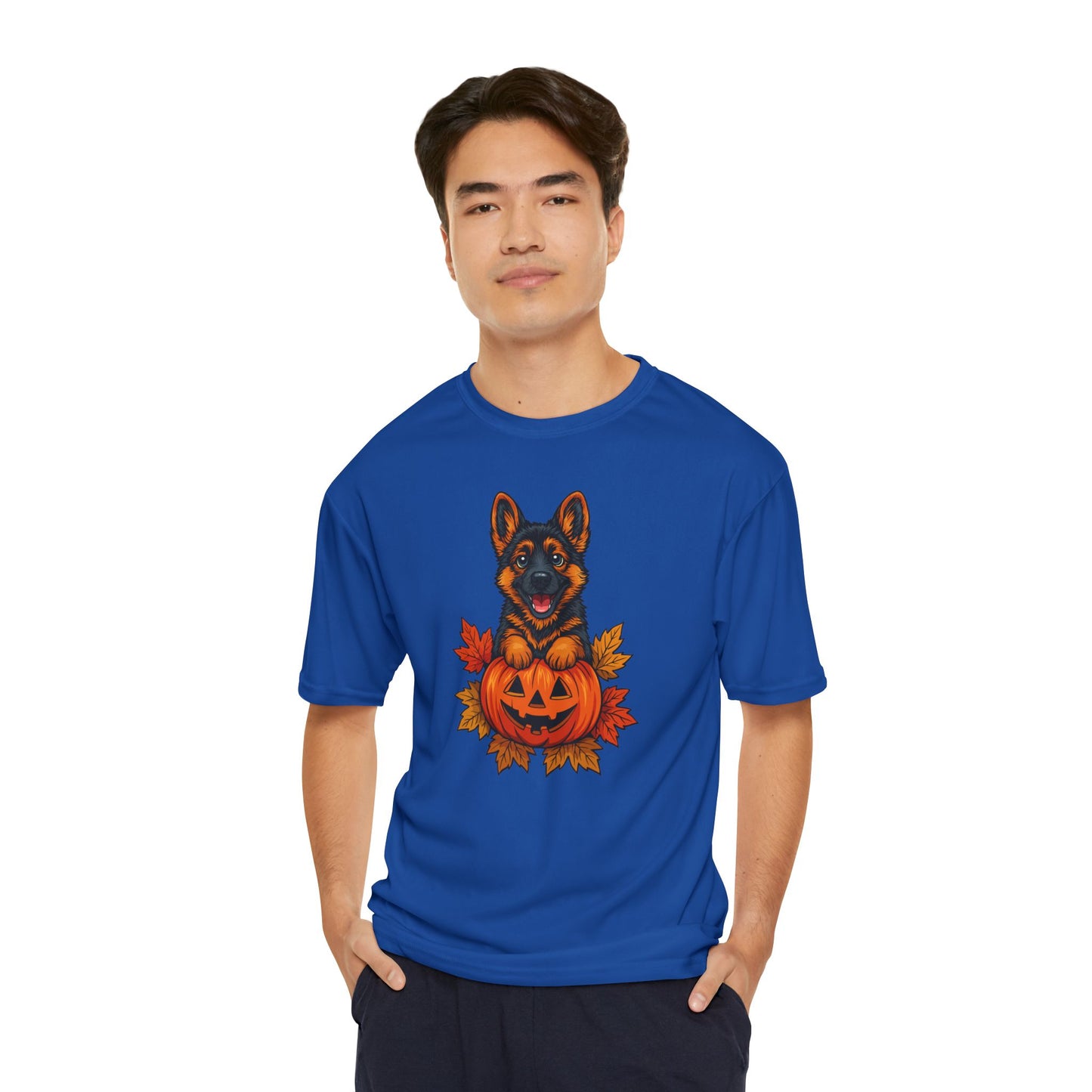 Man wearing a blue t-shirt with a dog in a pumpkin design on a white background