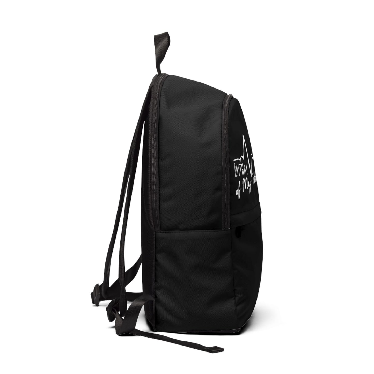 Black backpack with white text on a white background