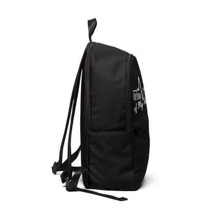 Black backpack with white text on a white background