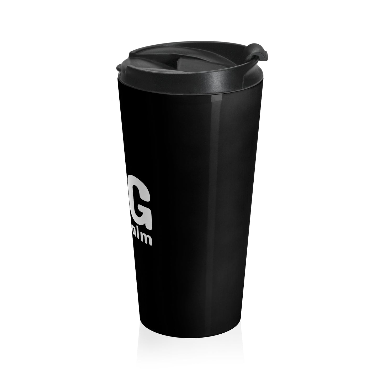 Black tumbler with a logo on a white background