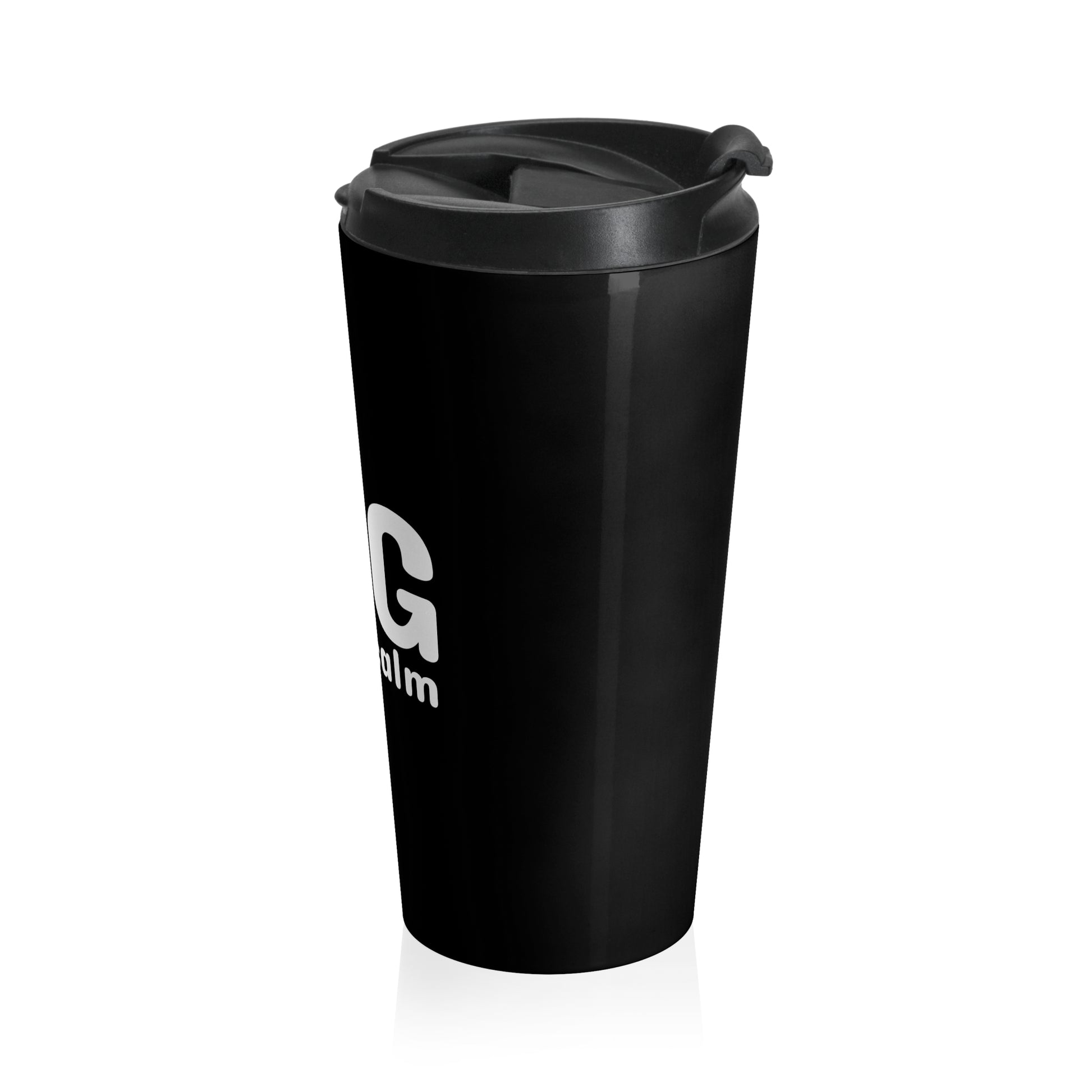 Black tumbler with a logo on a white background
