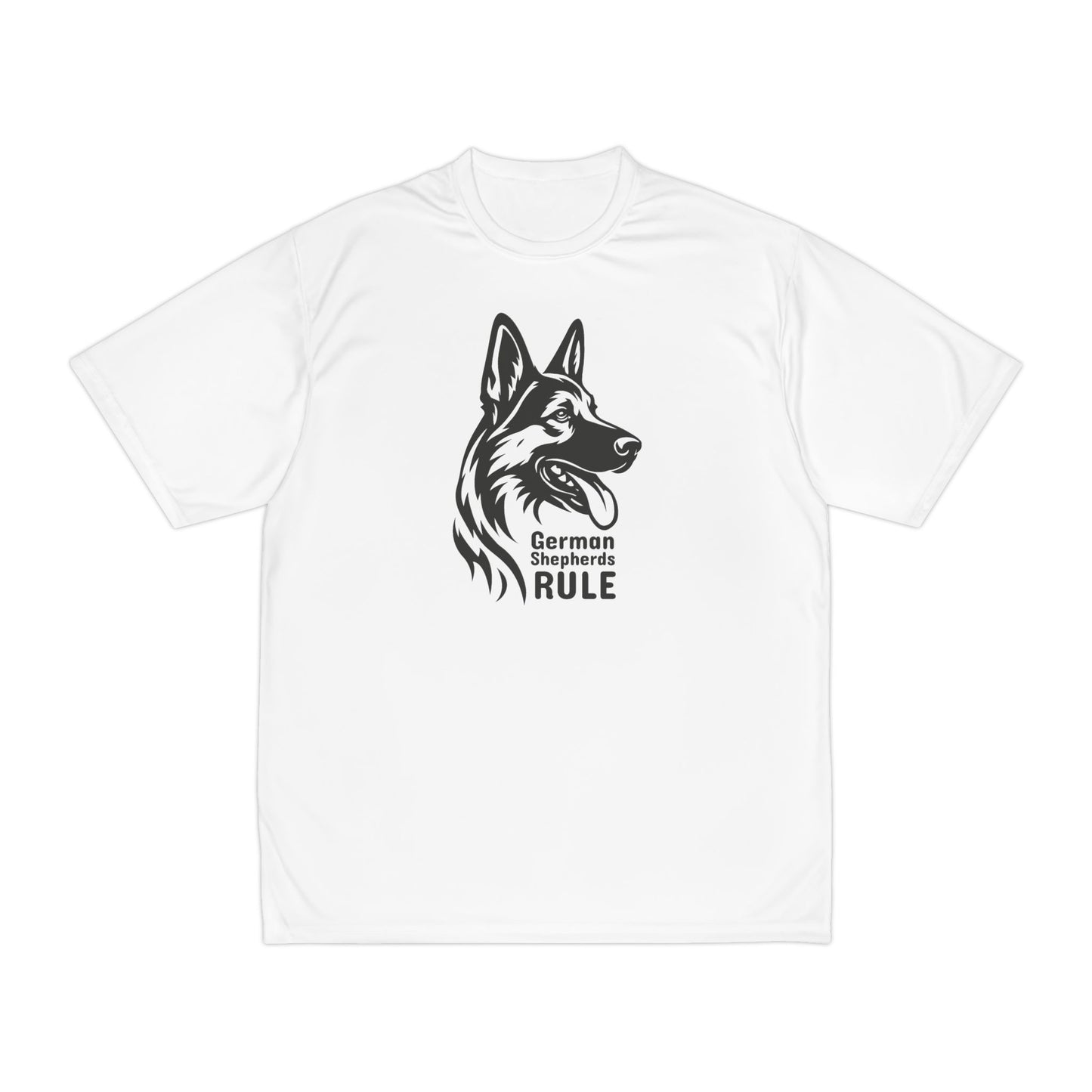 White t-shirt with a black dog graphic and 'German Shepherds Rule' text on a white background