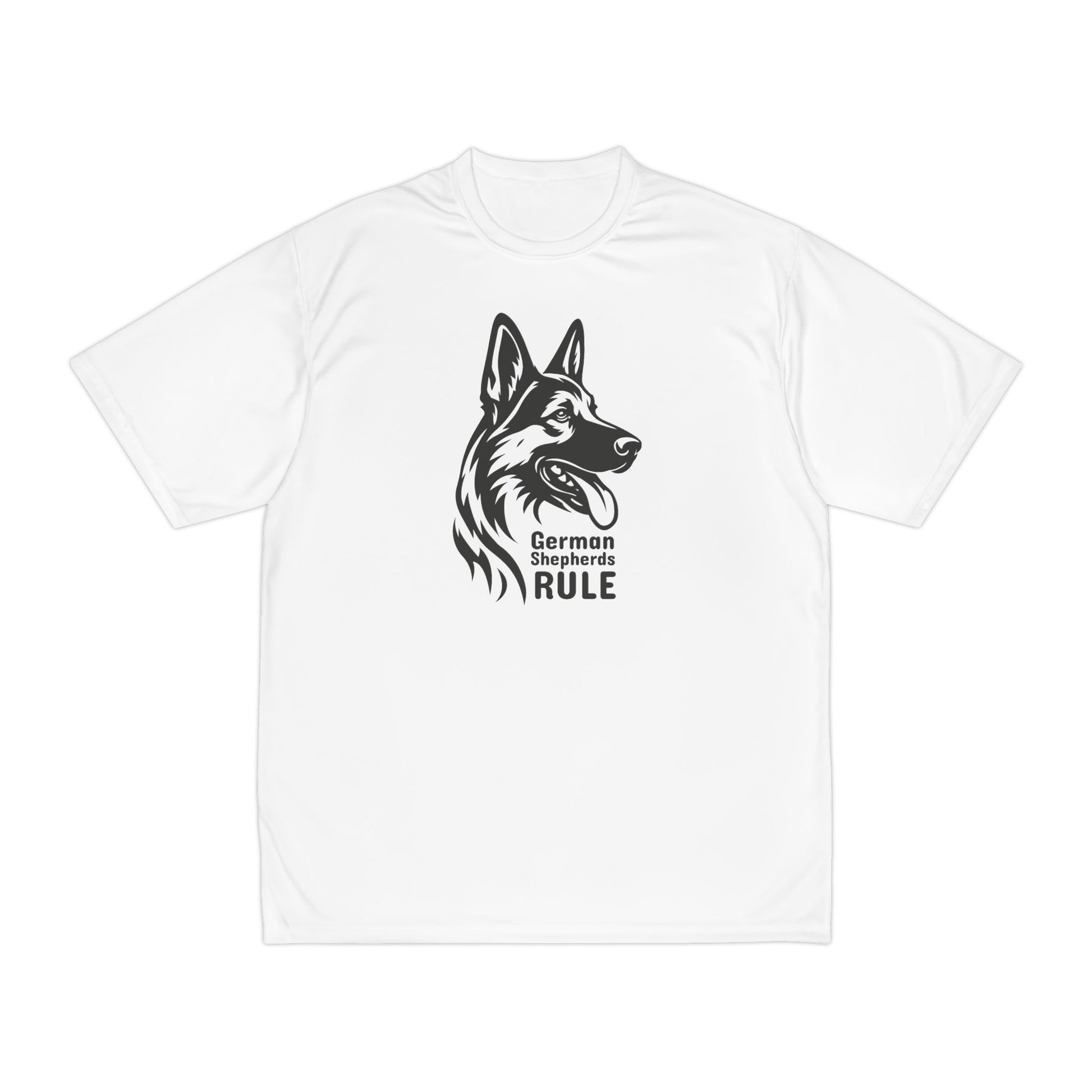 White t-shirt with a black dog graphic and 'German Shepherds Rule' text on a white background
