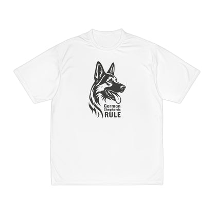 White t-shirt with a black dog graphic and 'German Shepherds Rule' text on a white background