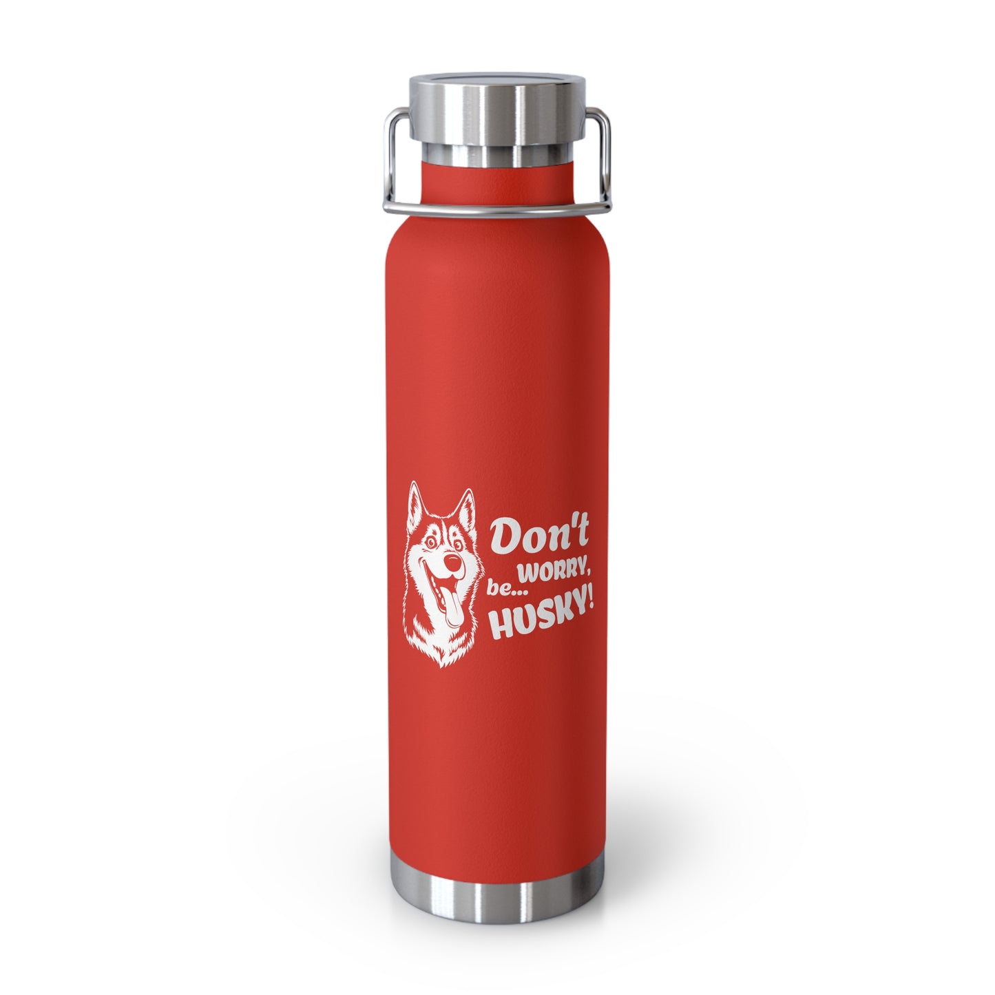 Red water bottle with silver lid and white text on a white background