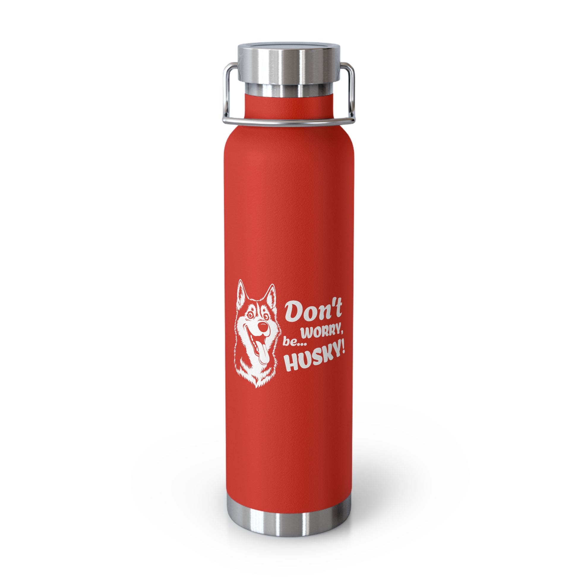 Red water bottle with silver lid and white text on a white background