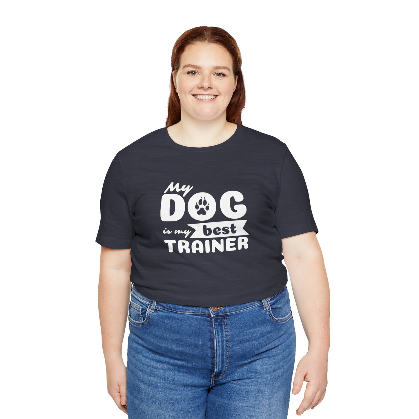 Person wearing a navy blue t-shirt with 'My dog is my best trainer' text on a white background
