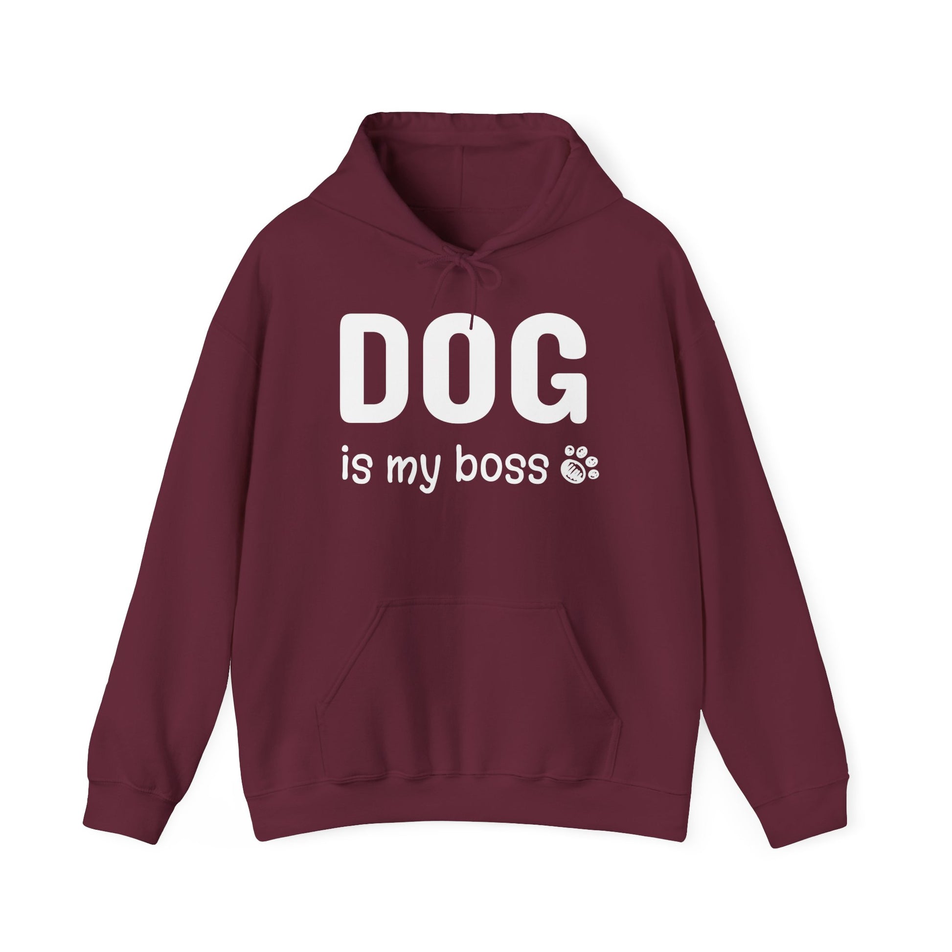 Maroon hoodie with 'DOG is my boss' text on a white background