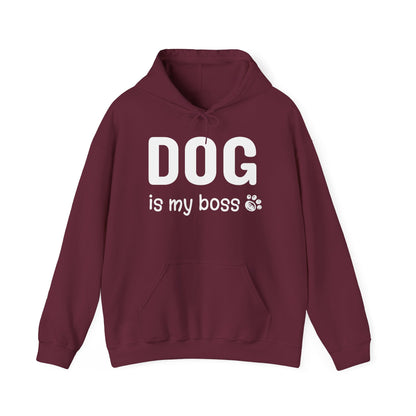 Maroon hoodie with 'DOG is my boss' text on a white background