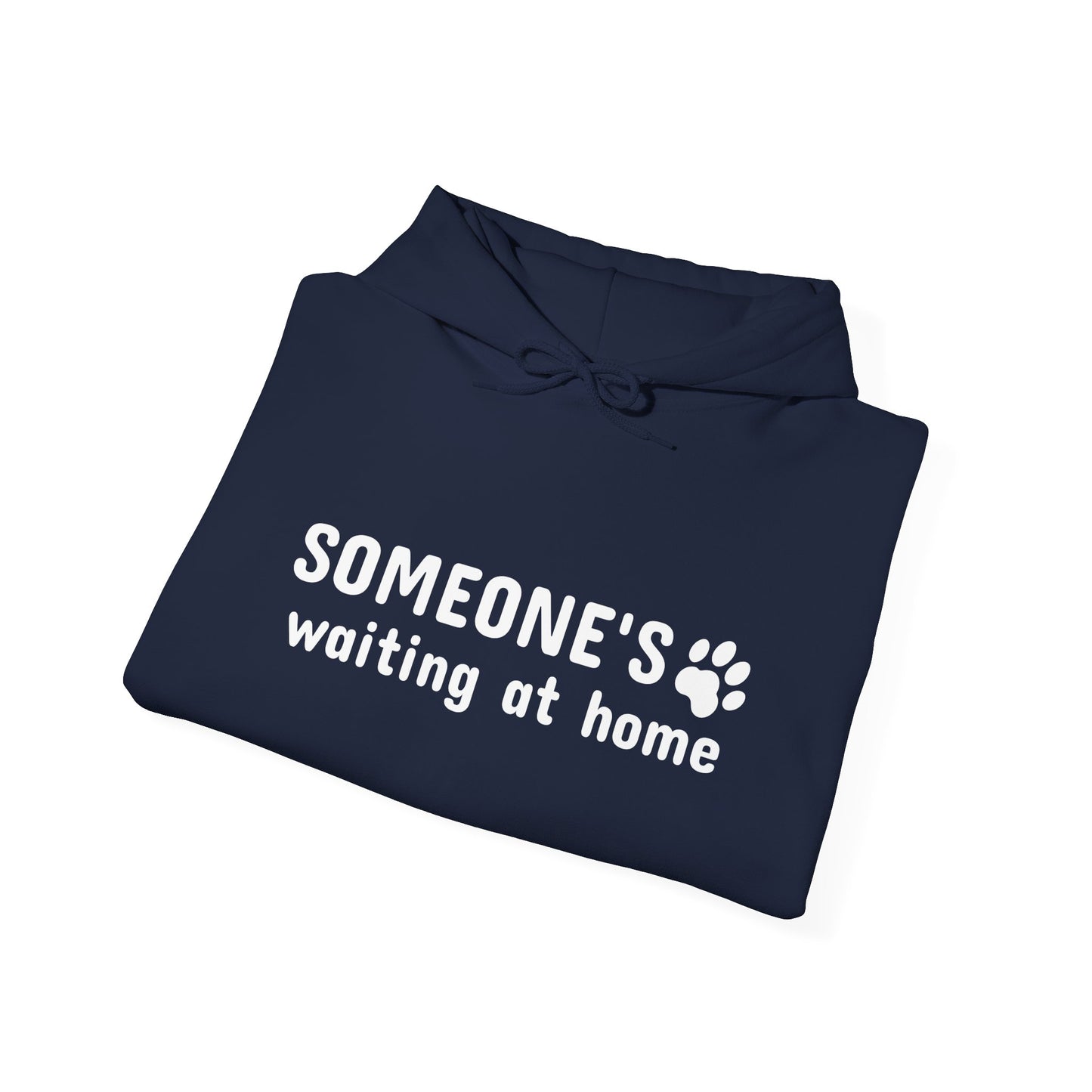 Folded navy blue hoodie with white text and paw print on a white background