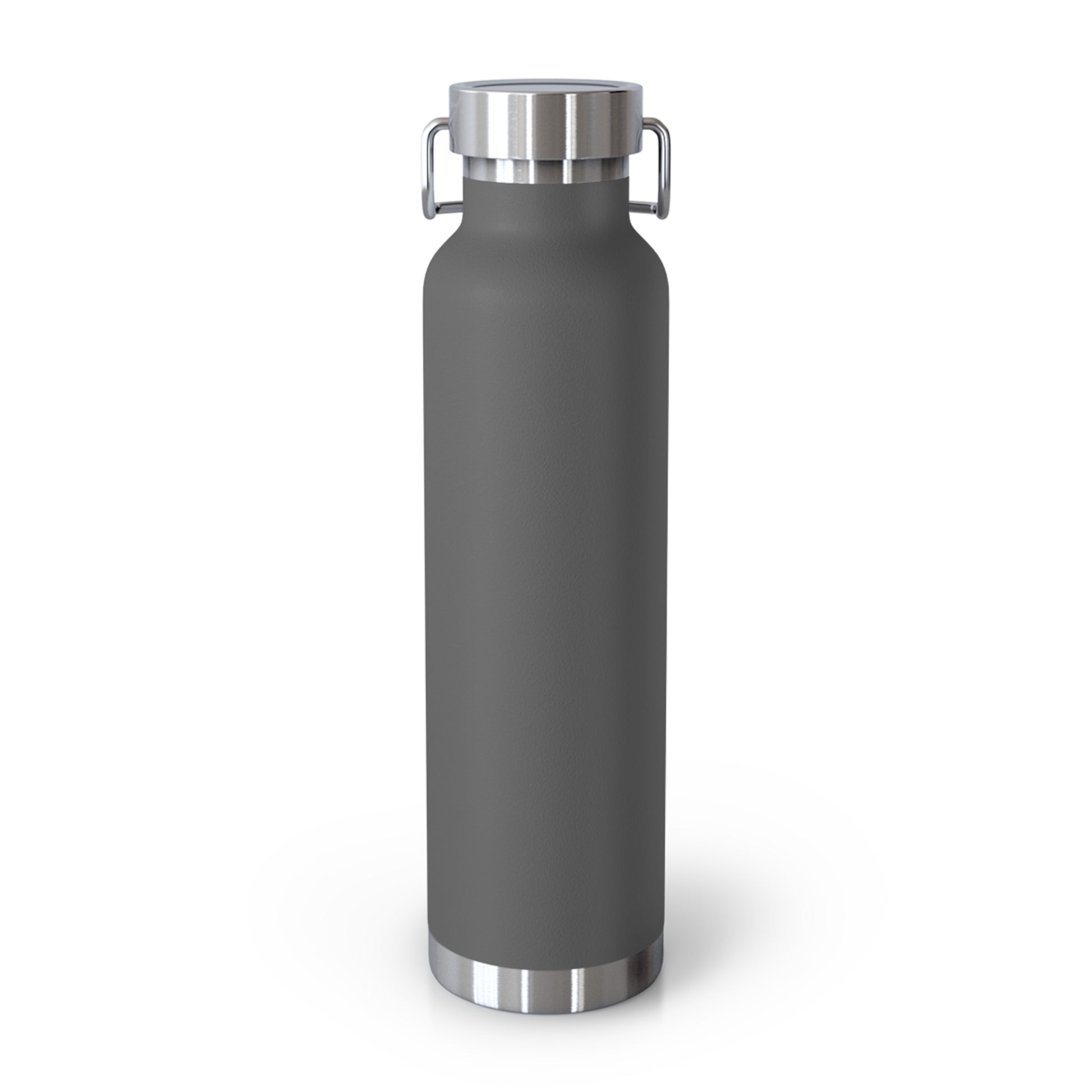 Gray water bottle with silver cap on a white background