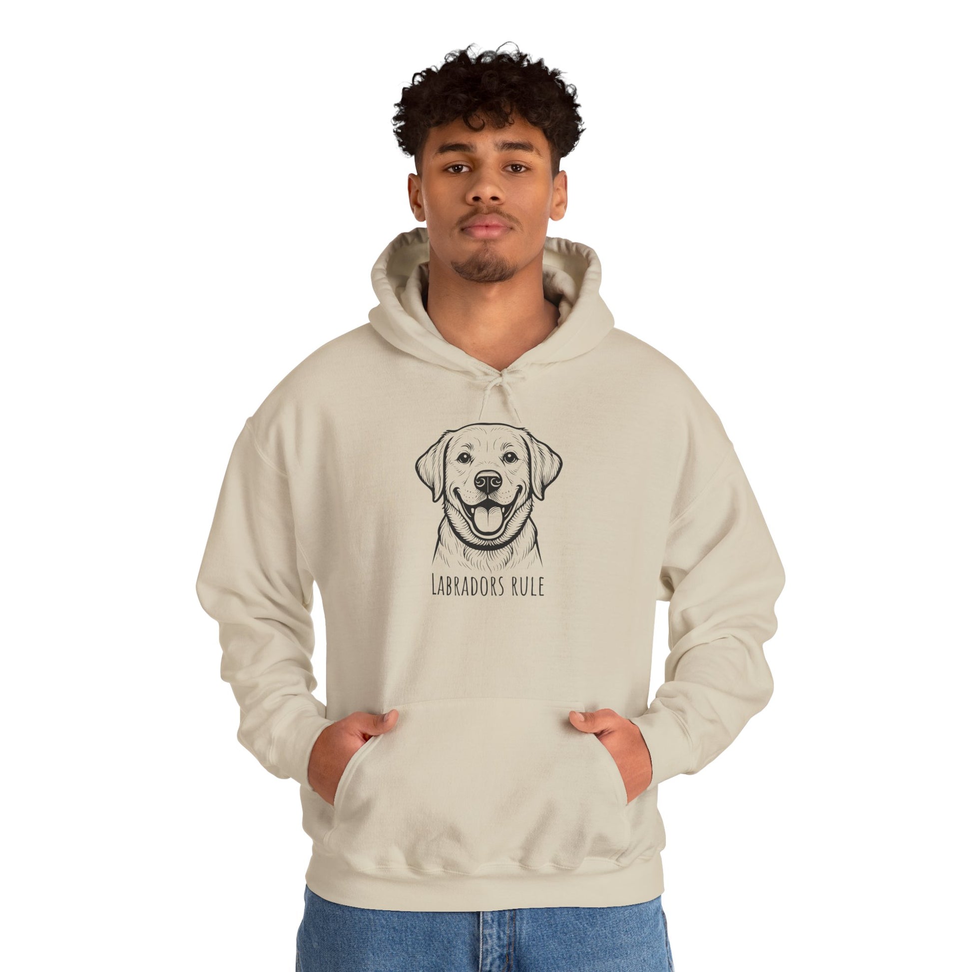 Person wearing a beige hoodie with a Labrador design and 'Labradors Rule' text on a white background