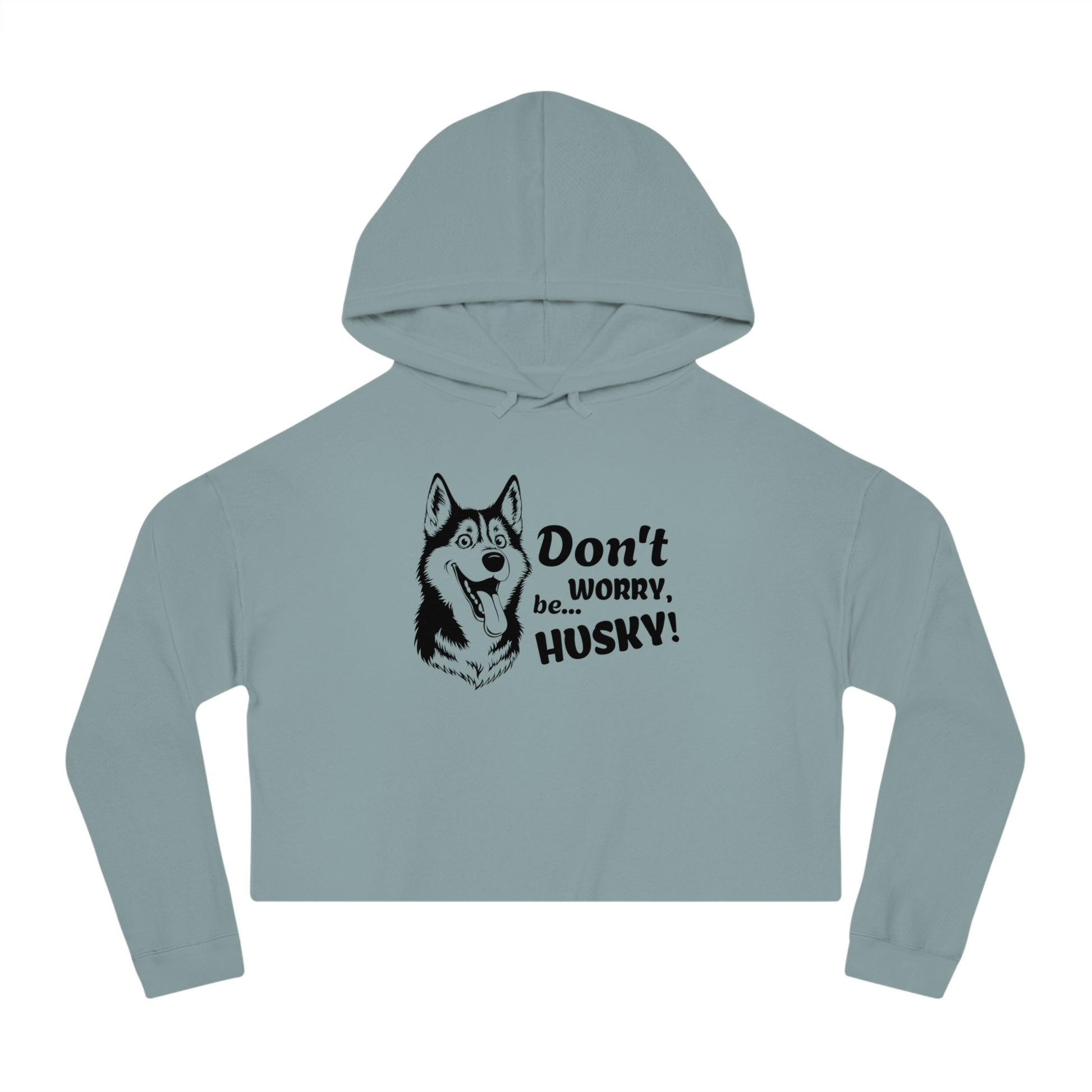 Light blue hoodie with husky graphic and text on a white background