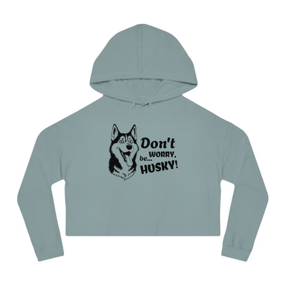 Light blue hoodie with husky graphic and text on a white background