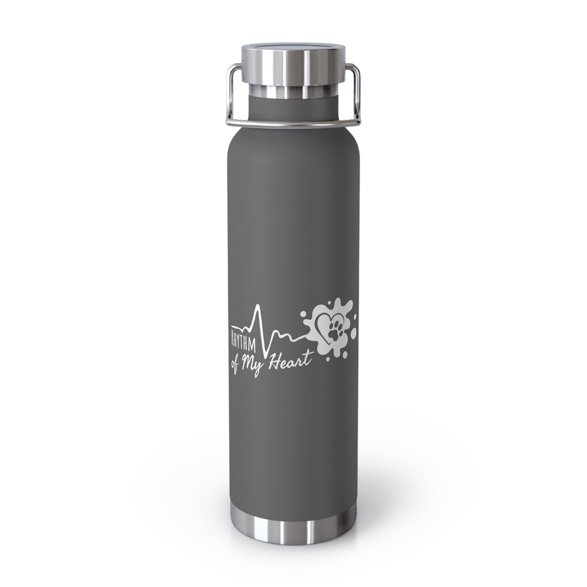 Gray water bottle with a logo and text on a white background