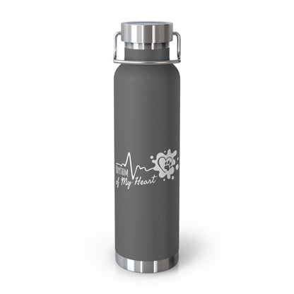 Gray water bottle with a logo and text on a white background