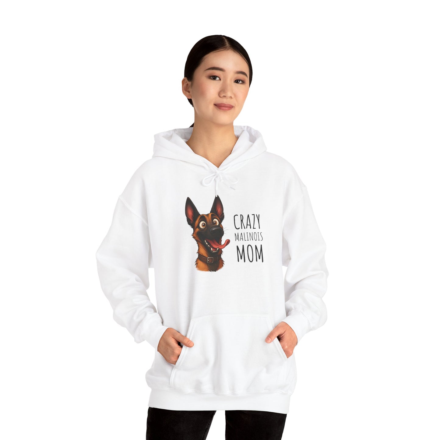 Person wearing a white hoodie with a dog graphic and text on a white background