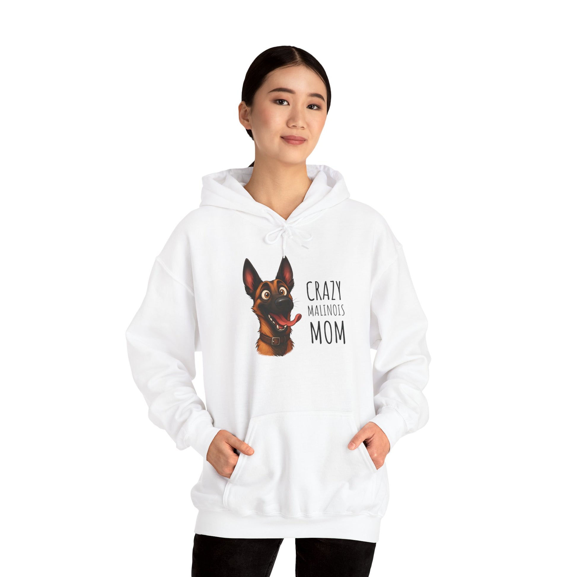 Person wearing a white hoodie with a dog graphic and text on a white background